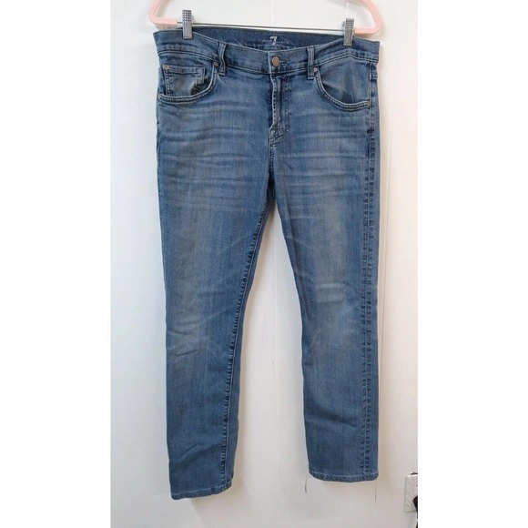 7 For All Mankind WM 34 Jeans Blue 5 Pockets Light Wash Zip Closure - Picture 1 of 7